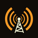 Sobre fondo negro, una antena blanca en forma de torre con ondas naranjas.